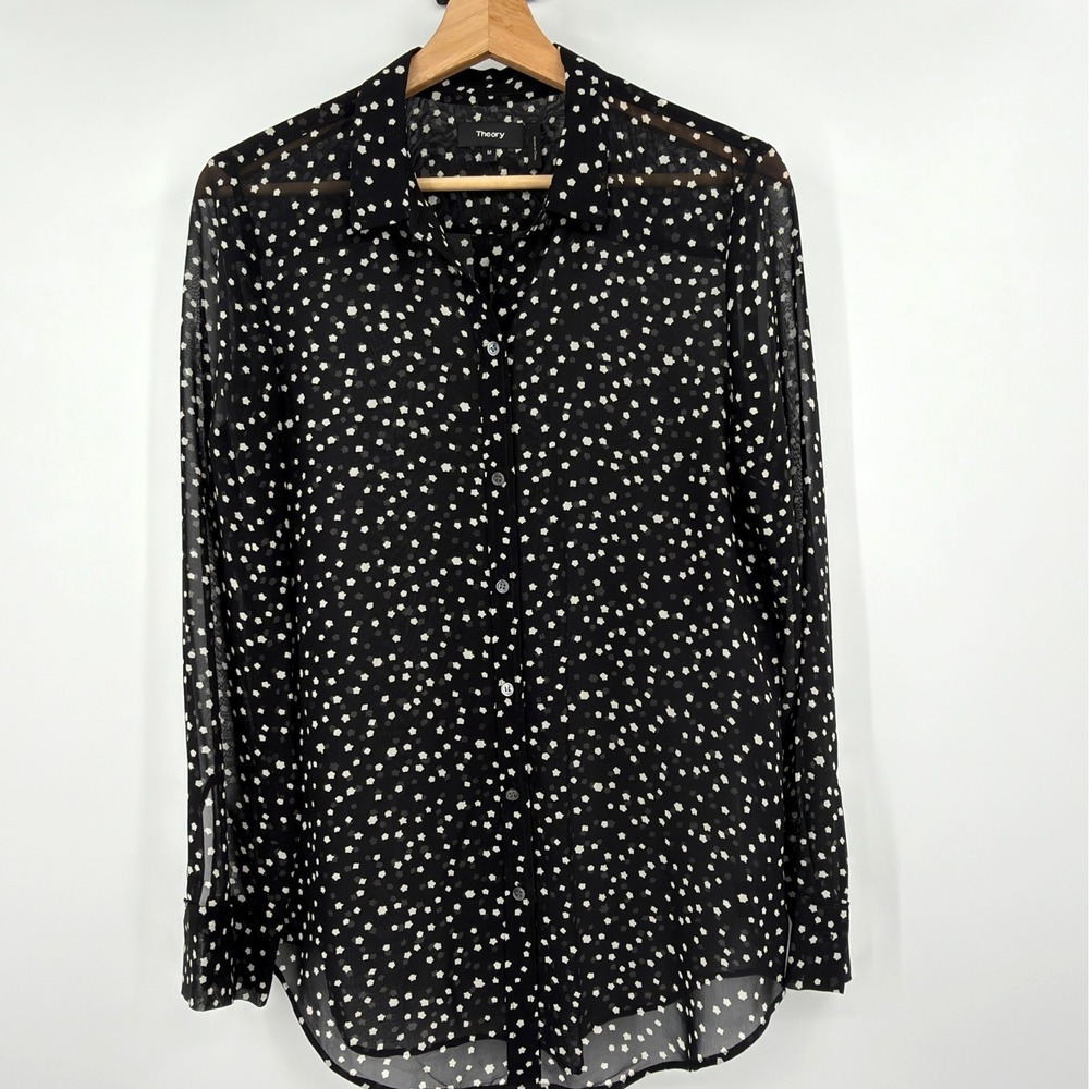 Theory 100% Silk Sheer Blouse Womens M Black Shirt Starry Celestial Whimsy Goth